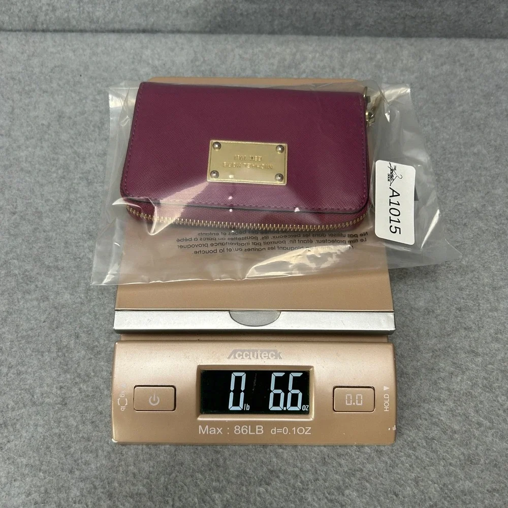 Michael Kors Plum Pink Leather Zip Around‎ Small Card Case Wallet Gold Hardware